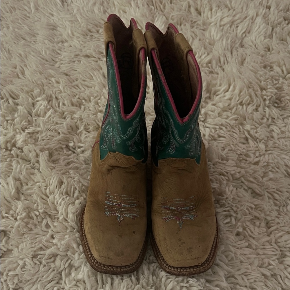 Roper Green and Tan Leather Boots with Pink Accents